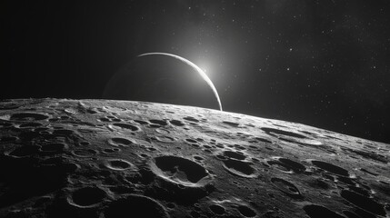 High-contrast black and white image of the moon's surface with Earth's crescent in the background. - obrazy, fototapety, plakaty