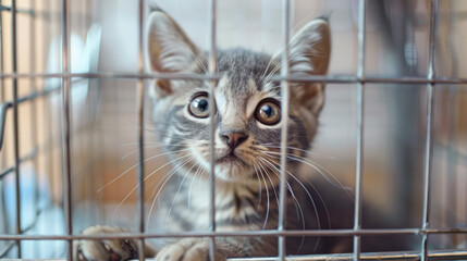 Unwanted and homeless cute sad dog in the cage, specialized pet shelter..