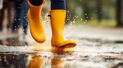 Person in Yellow Rain Boots Standing in Puddle