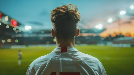 A soccer player with a red and white jersey and the number 17 on the back - 773973997