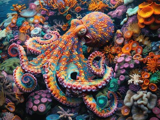 Fototapeta premium Peering out from its hiding place among brightly colored sea anemones on a vibrant coral reef, a curious octopus blends seamlessly into its surroundings.