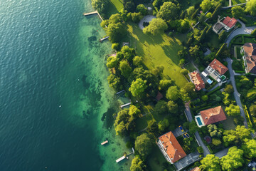 Overhead view of a lake surrounded by houses and trees, showing the natural landscape and residential area - obrazy, fototapety, plakaty