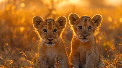 Close up of two wild young baby african lion cubs in the african safari wilderness