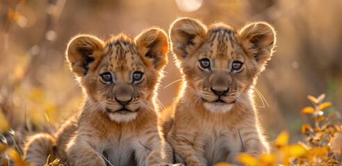 Close up of two wild young baby african lion cubs in the african safari wilderness