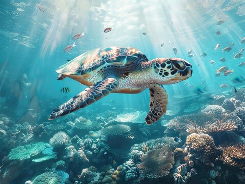 Through vibrant coral reefs teeming with colorful fish, an animated sea turtle gracefully navigates, illuminated by shafts of light filtering through the water.