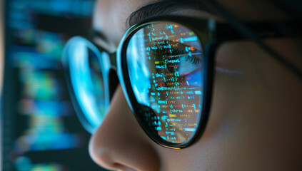 Close-up of a person wearing glasses, with reflections of code visible on the lenses. - obrazy, fototapety, plakaty