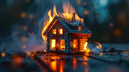Fotobehang a toy wooden house on fire. The concept of security © john