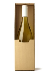 White Wine Box. Isolated Cardboard Package with Blank Label on White Background. Container for Wine Delivery and Storage