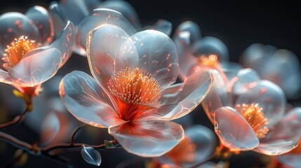 Obraz na płótnie Canvas Futuristic flowers,(Magnolia flower) design sense, digital plants, volume line contrast, glass, metal, texture, neon light, fluorescent, transparent plastic