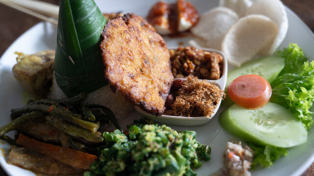 Nasi Campur, a staple Balinese mixed rice dish
