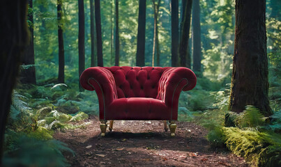 Amidst the tranquility of a tropical forest, a mock-up presents a red luxury classic armchair , inviting relaxation and peace.