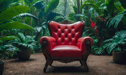 Amidst the tranquil beauty of a tropical forest, a mock-up presents a red luxury classic armchair with gold elements, radiating elegance