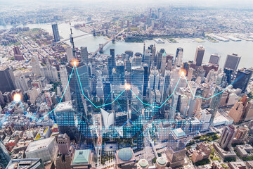 Skyscrapers Cityscape Downtown View, New York Skyline Buildings. Beautiful Real Estate. Day time. Forex Financial graph and chart hologram. Business education concept. - obrazy, fototapety, plakaty
