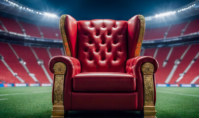 Mockup red luxury vintage armchair with gold trim stands on an empty soccer field with lights. 