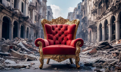 Fototapeta na wymiar Background red luxury vintage sofa with gold elements stands in the middle of destroyed city.