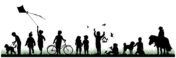 Children and pets silhouettes on white background. Little girls and boys playing outdoor. Vector illustration.	
