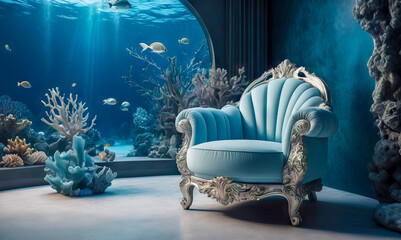 Mock-up blue armchair stands in the depths of blue ocean, surrounded by fish and coral.Aarmhair...