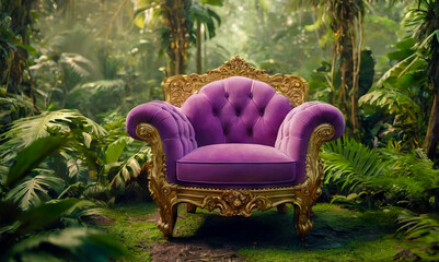 mock-up captures a purple luxury vintage armchair with gold elements set against the backdrop of a lush tropical forest, evoking feelings of tranquility and relaxation.