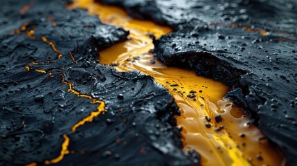 In the cracks between the dry black rocks, there is a river of yellow oil, dark environment - obrazy, fototapety, plakaty