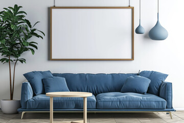 A living room featuring a blue couch and a coffee table