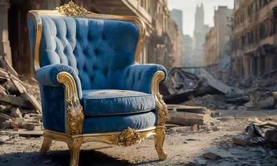 Background blue luxury vintage sofa with gold elements stands in the middle of destroyed city.Symbolize the beginning of the recovery and growth process after a devastating event.