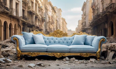 Pastel blue luxury classic sofa with gold elements stands in the middle of destroyed city,mock...