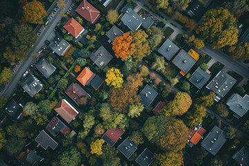 Aerial view showcasing a neighborhood in autumn with colorful trees, houses, and streets - obrazy, fototapety, plakaty