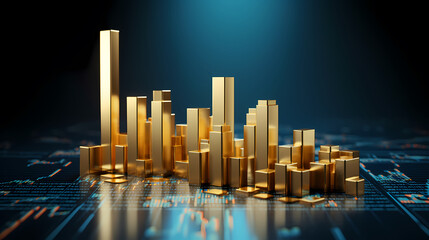 Gold bars sitting on blue bar chart, stock market and finance concept