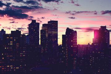Fototapeta premium A city skyline with tall buildings silhouetted against a colorful sunset sky