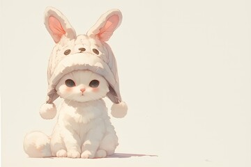 Obraz premium うさぎの帽子をかぶって座っている白い猫