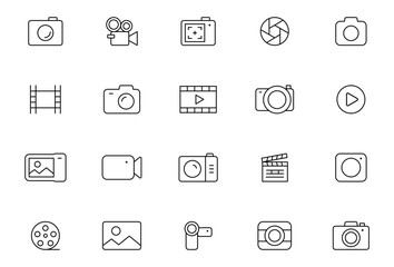 Camera line icon set. Photography icons. Multimedia outline icons - photo and video. Devices icons. Editable stroke. Vector illustration.