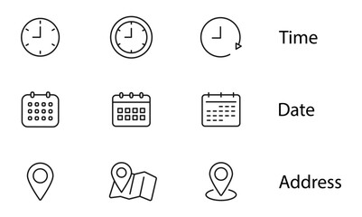 Time, date and address line icon set. Clock, calendar, location pin. Editable stroke. Vector illustration. - obrazy, fototapety, plakaty