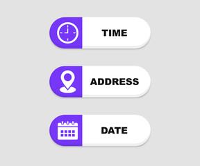 Time, date and address icon set. Clock, calendar, location pin. Vector illustration.