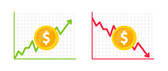 Financial profit and loss. Graph of growth and fall profit with with arrow up and down. Chart finance with increase and decrease. Vector illustration.