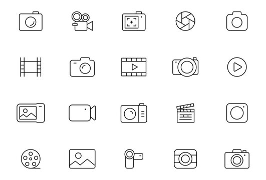 Camera line icon set. Photography icons. Multimedia outline icons - photo and video. Devices icons. Editable stroke. Vector illustration.
