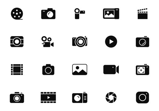 Camera icon set. Photography icons. Multimedia icons - photo and video. Devices icons. Vector illustration.