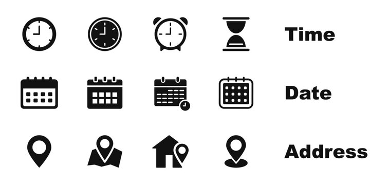 Time, date and address icon set. Clock, calendar, location pin. Vector illustration.
