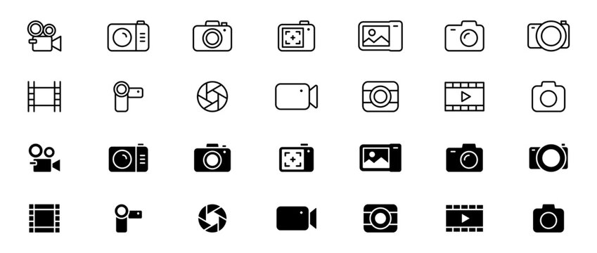Camera icon set. Photography icons. Multimedia icons - photo and video. Devices icons. Vector illustration.