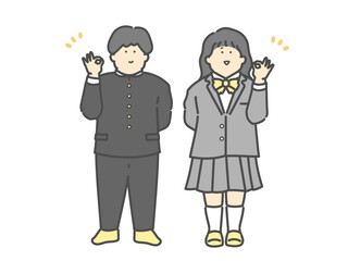 OKポーズをする男子学生と女子学生の全身イラスト