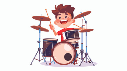 Funny boy cartoon playing drum flat vector isolated on