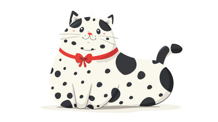 Funny cute pet. Fluffy spotted fat cat with a red bow