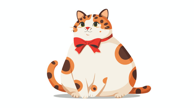 Funny cute pet. Fluffy spotted fat cat with a red bow