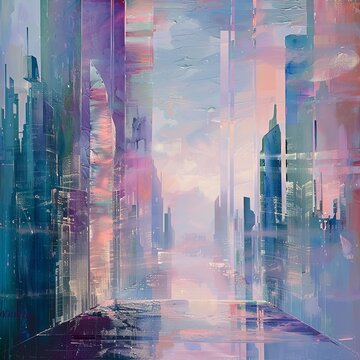 Glass illustration of futuristic city with purple and pink buildings near water