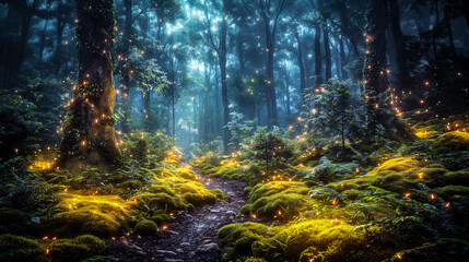 Fototapeta premium Beautiful fantasy forest with mossy trees and glowing fireflies at night. Magical landscape with a path through dense woodland, an enchanted nature background