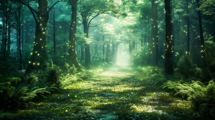 Fototapeta premium A mystical forest with towering trees, lush greenery, and glowing fireflies illuminating the path through the woods.