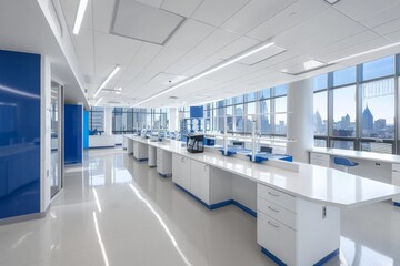 Naklejka na ściany i meble Modern, empty laboratory interior with blue tones. Spacious and well-equipped laboratory with a modern design, featuring blue accents and natural lighting from large windows