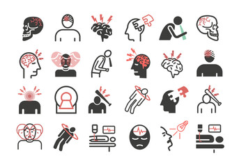 Traumatic brain injury icons. Head Injury Treatment. Symptoms. Vector signs for web graphics.