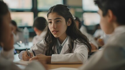 Highlight the importance of education with images of students studying, engaging in group discussions, and participating in hands-on learning activities in a dynamic educational setting