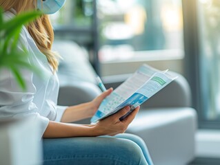 A person reading a brochure about oral health and hygiene in a waiting room