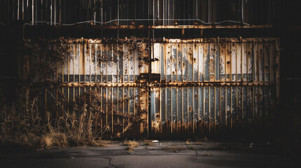 Old rusty metal gate, abandoned warehouse, dark background, rusted and weatherboard, texture of...